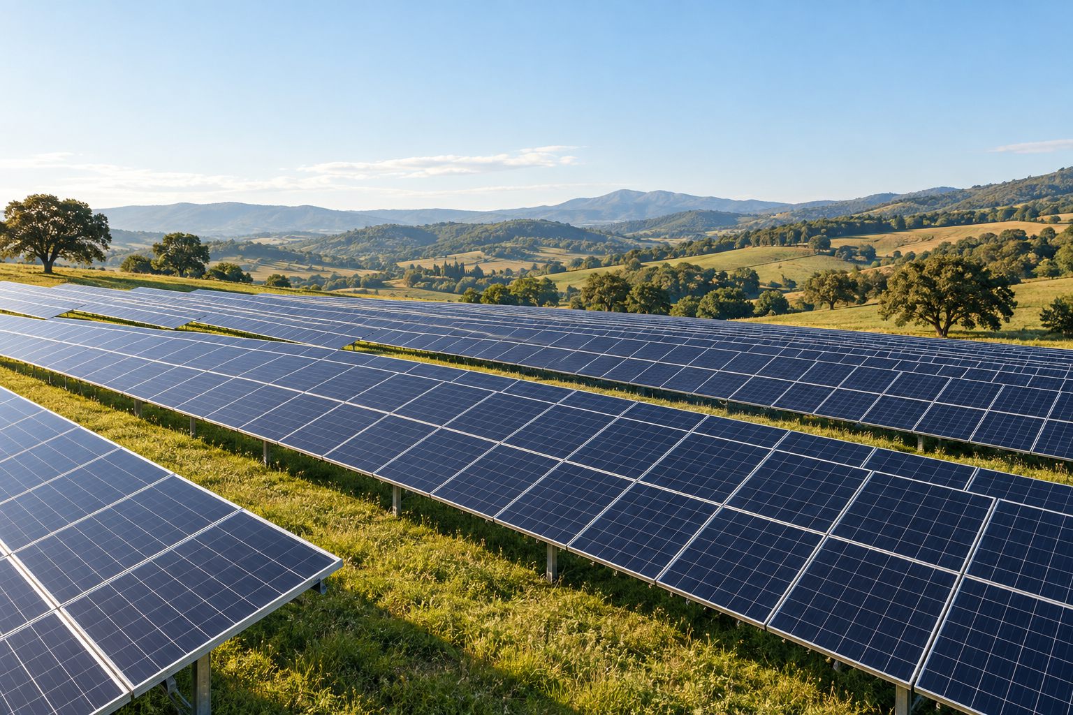 Filari di pannelli fotovoltaici in un paesaggio collinare, immagine illustrativa del settore