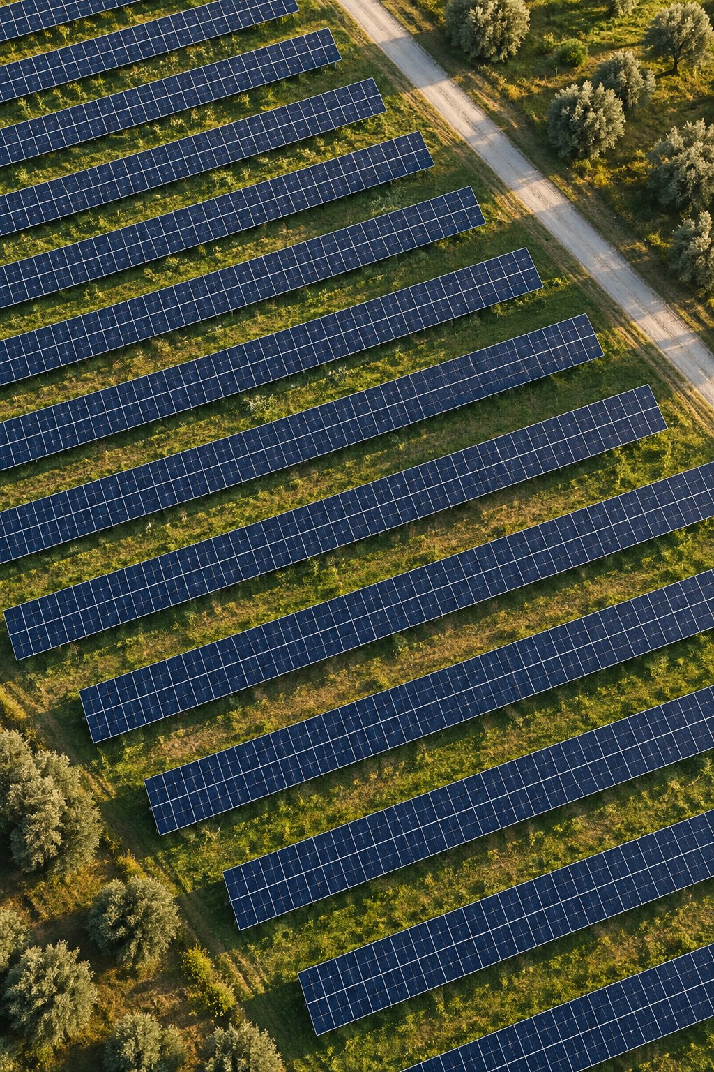 Vista aerea illustrativa di filari fotovoltaici, prati e percorsi di accesso